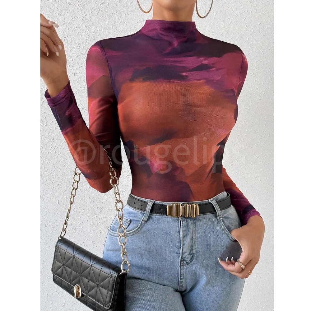 Multicolor Mesh Tie Dye Long Sleeve Sheer Shirt Slim Fit - Picture 3 of 6